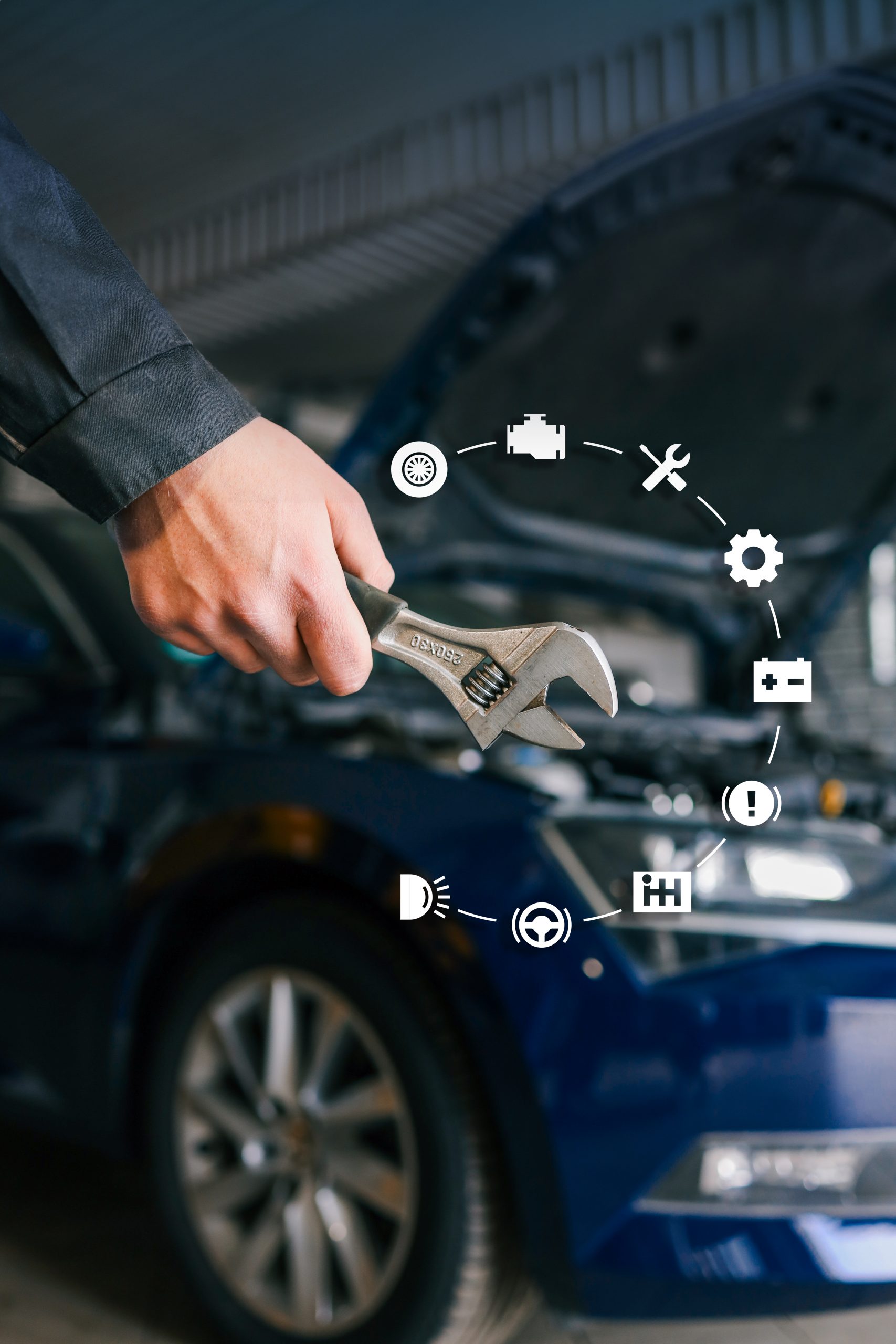 mechanic holding an adjustable wrench near a car with virtual automotive icons representing vehicle diagnostics, repair, and maintenance. open hood and tools highlight professional service setting